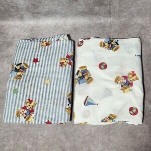 2 Pc Lot Vintage Springmaid Crib Sheets Teddy Bear Blue Jean Stripe Nursery